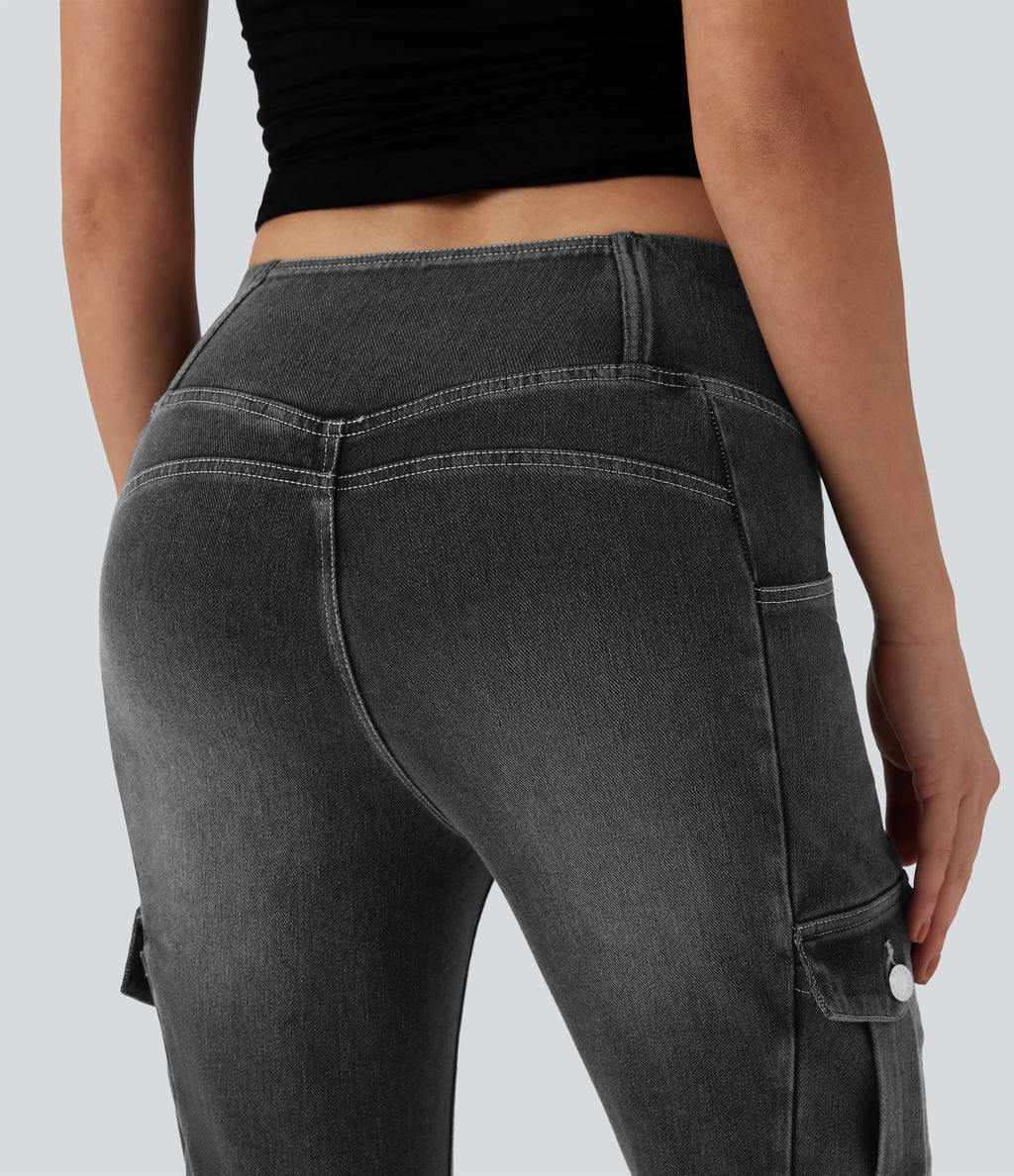 Mid Rise Crossover Denim Bootcut Casual Leggings with Pockets — Poppy Seed Denim — view 6
