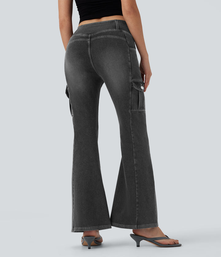 Mid Rise Crossover Denim Bootcut Casual Leggings with Pockets — Poppy Seed Denim — view 1