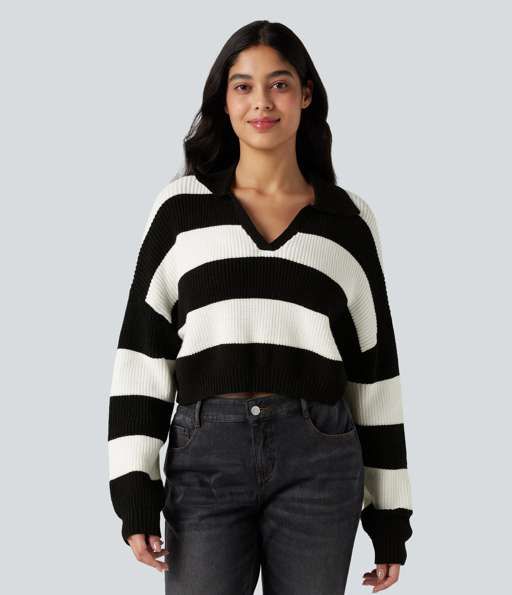 V-neck Long Sleeve Stripe Relaxed Casual Jumper — Black White Horizontal Stripe — view 3