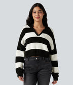 V-neck Long Sleeve Stripe Relaxed Casual Jumper — Black White Horizontal Stripe — view 3
