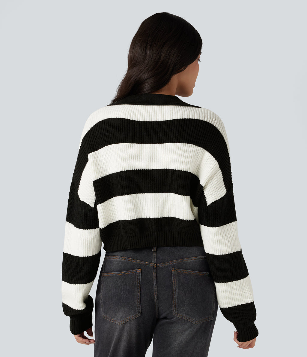 V-neck Long Sleeve Stripe Relaxed Casual Jumper — Black White Horizontal Stripe — view 2