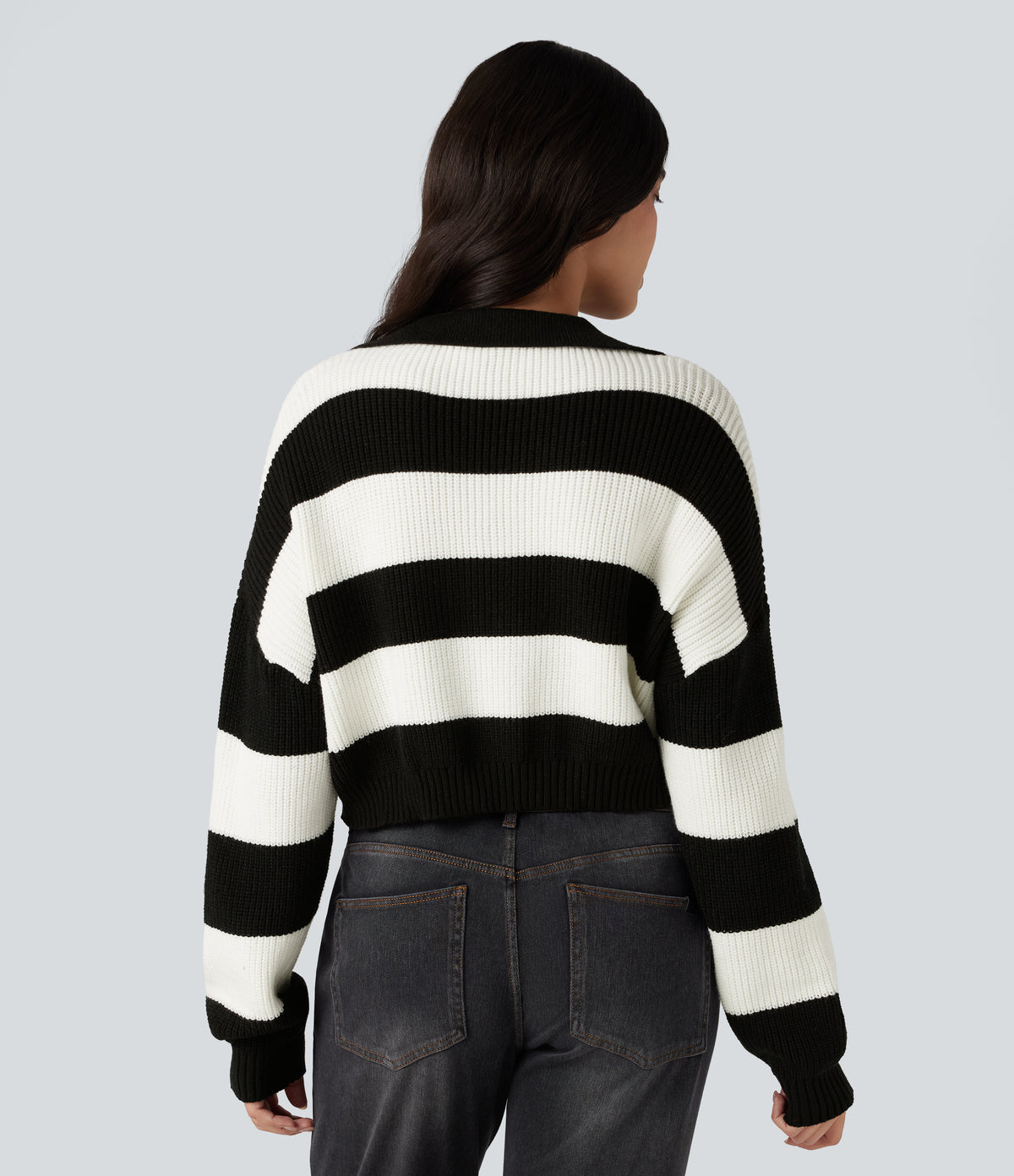 V-neck Long Sleeve Stripe Relaxed Casual Jumper — Black White Horizontal Stripe — view 2