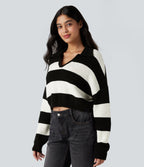 V-neck Long Sleeve Stripe Relaxed Casual Jumper — Black White Horizontal Stripe — view 1