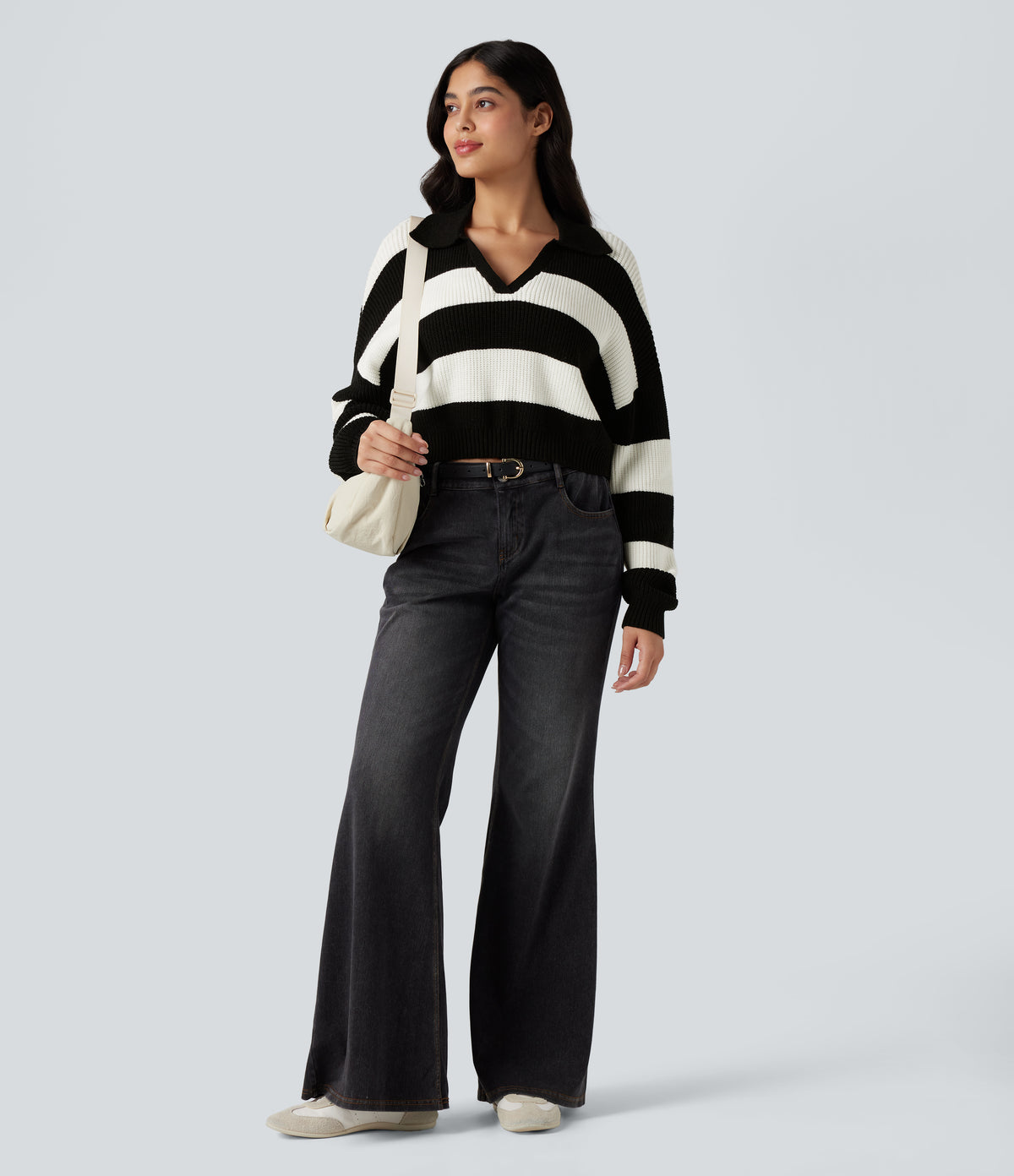 V-neck Long Sleeve Stripe Relaxed Casual Jumper — Black White Horizontal Stripe — view 5
