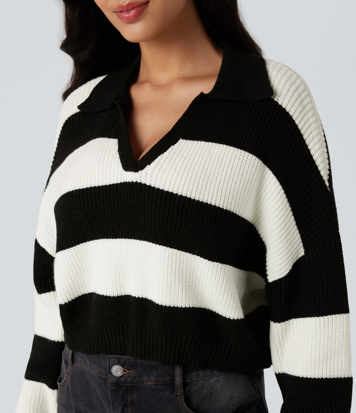 V-neck Long Sleeve Stripe Relaxed Casual Jumper — Black White Horizontal Stripe — view 4