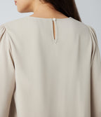 Round Neck Keyhole Back Puff Sleeve Curved Hem Relaxed Work Blouse — Silver Birch — view 5
