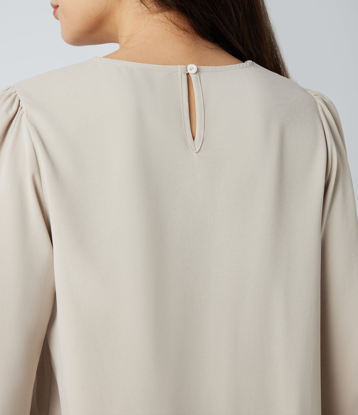 Round Neck Keyhole Back Puff Sleeve Curved Hem Relaxed Work Blouse — Silver Birch — view 5