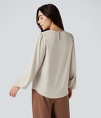 Round Neck Keyhole Back Puff Sleeve Curved Hem Relaxed Work Blouse — Silver Birch — view 2