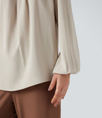 Round Neck Keyhole Back Puff Sleeve Curved Hem Relaxed Work Blouse — Silver Birch — view 6