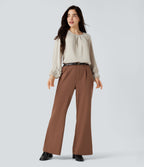 Round Neck Keyhole Back Puff Sleeve Curved Hem Relaxed Work Blouse — Silver Birch — view 8
