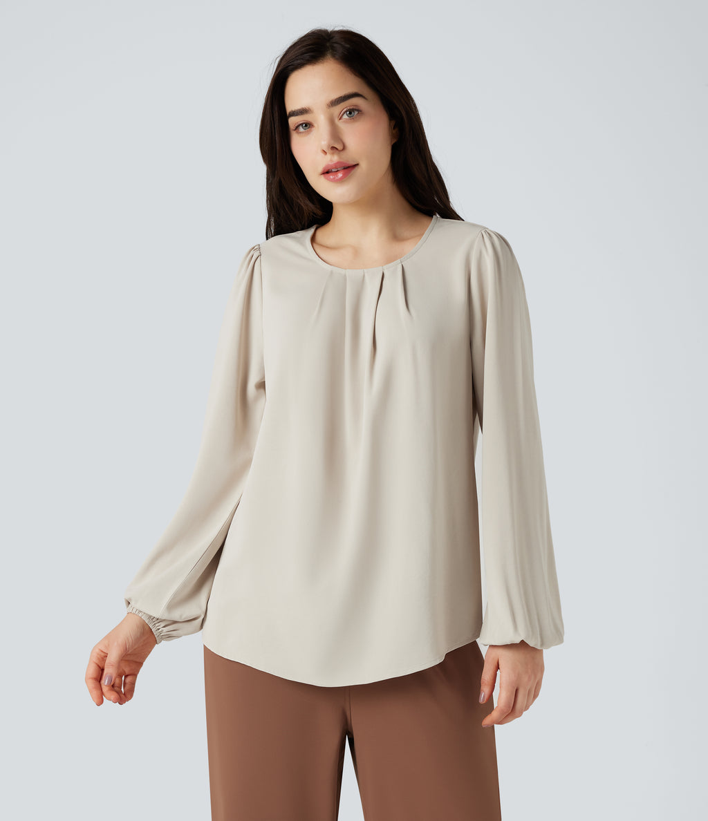 Round Neck Keyhole Back Puff Sleeve Curved Hem Relaxed Work Blouse — Silver Birch — view 7