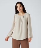 Round Neck Keyhole Back Puff Sleeve Curved Hem Relaxed Work Blouse — Silver Birch — view 7