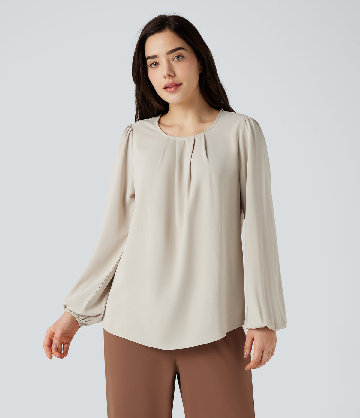 Round Neck Keyhole Back Puff Sleeve Curved Hem Relaxed Work Blouse — Silver Birch — view 7