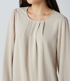 Round Neck Keyhole Back Puff Sleeve Curved Hem Relaxed Work Blouse — Silver Birch — view 4