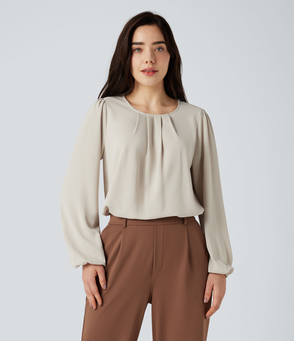 Round Neck Keyhole Back Puff Sleeve Curved Hem Relaxed Work Blouse — Silver Birch — view 3