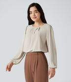 Round Neck Keyhole Back Puff Sleeve Curved Hem Relaxed Work Blouse — Silver Birch — view 1