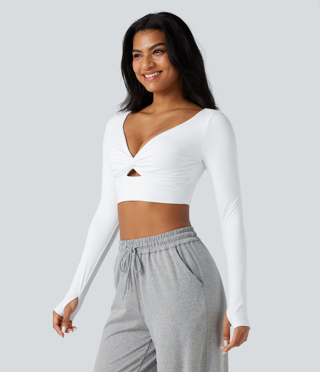 Airy V Neck Cut Out Long Sleeve Thumb Hole InstantCool Cropped Yoga Sports Top — White — view 3
