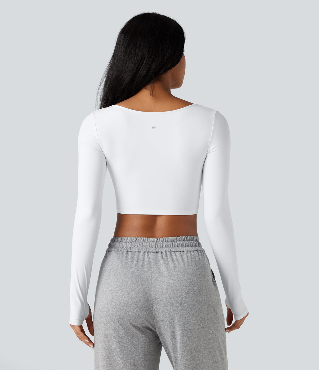 Airy V Neck Cut Out Long Sleeve Thumb Hole InstantCool Cropped Yoga Sports Top — White — view 2