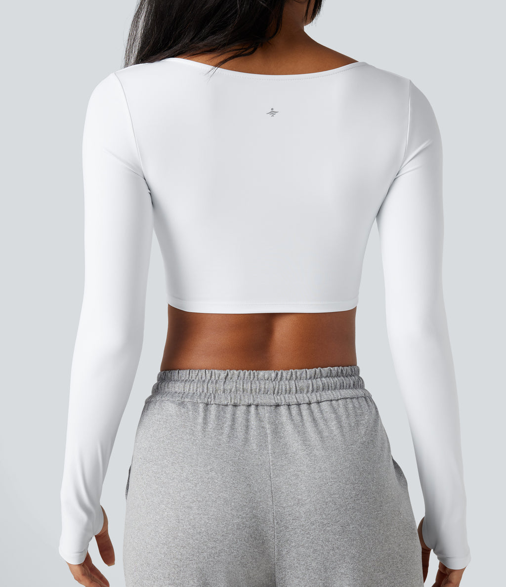 Airy V Neck Cut Out Long Sleeve Thumb Hole InstantCool Cropped Yoga Sports Top — White — view 5