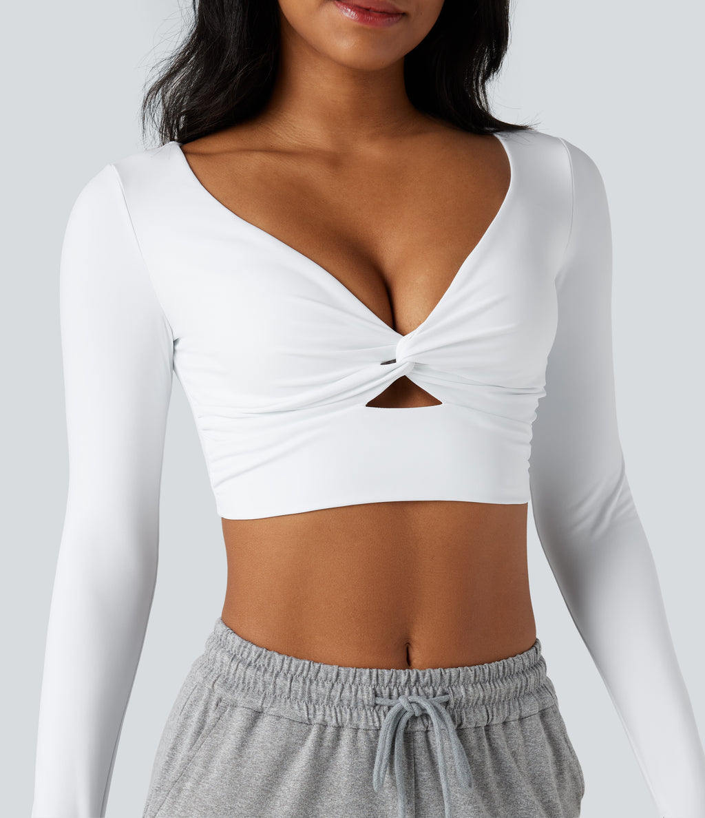 Airy V Neck Cut Out Long Sleeve Thumb Hole InstantCool Cropped Yoga Sports Top — White — view 4