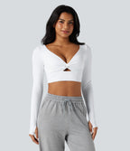 Airy V Neck Cut Out Long Sleeve Thumb Hole InstantCool Cropped Yoga Sports Top — White — view 1