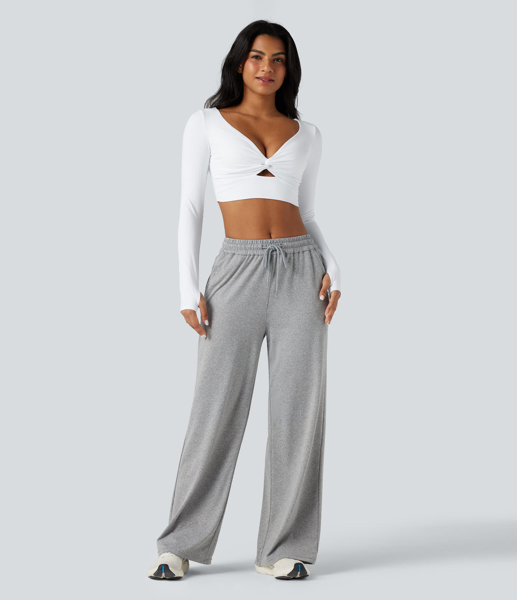 Airy V Neck Cut Out Long Sleeve Thumb Hole InstantCool Cropped Yoga Sports Top — White — view 6
