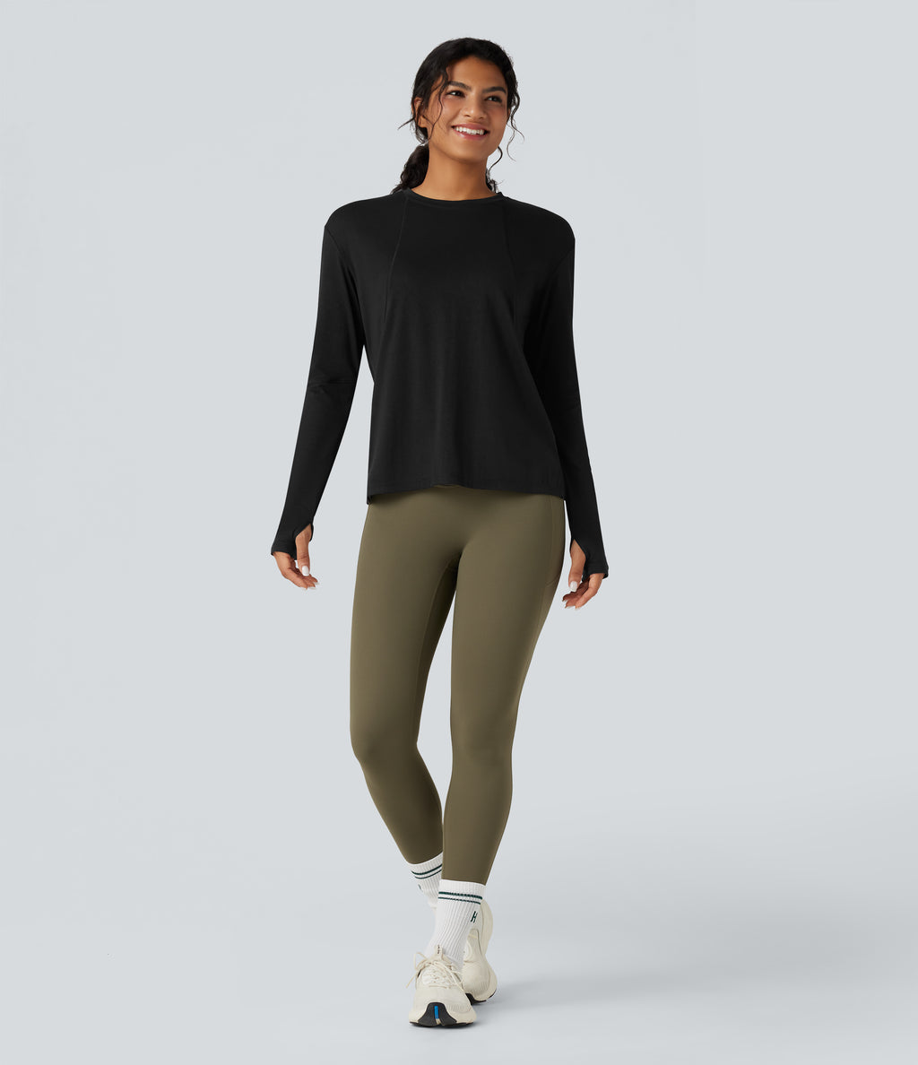 Round Neck Long Sleeve Thumb Holes Running Heathered Sports Top — Black — view 6