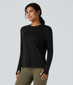 Round Neck Long Sleeve Thumb Holes Running Heathered Sports Top — Black — view 3