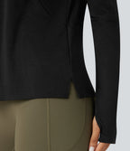 Round Neck Long Sleeve Thumb Holes Running Heathered Sports Top — Black — view 5