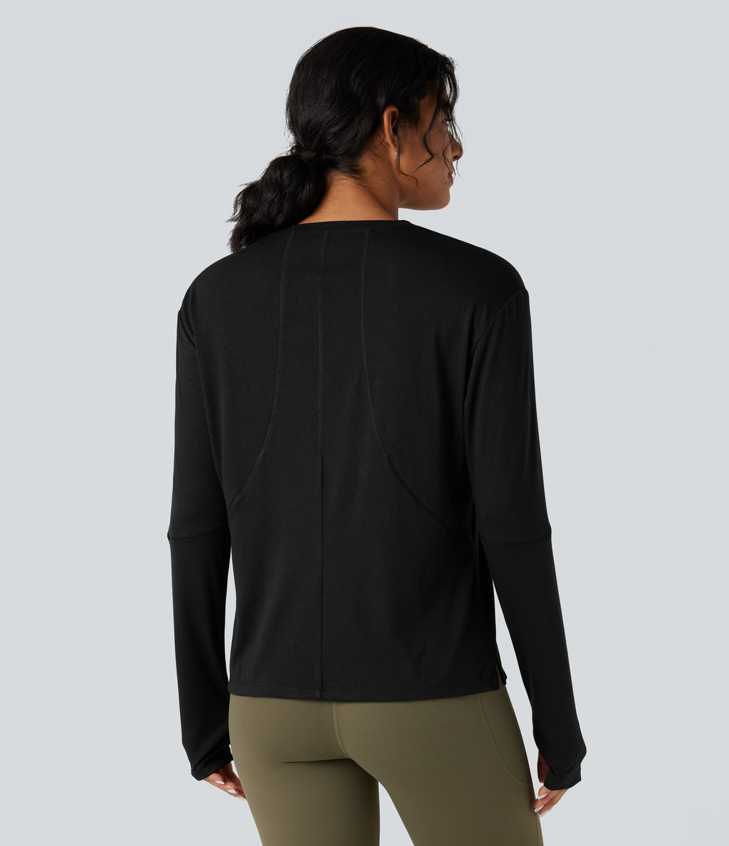 Round Neck Long Sleeve Thumb Holes Running Heathered Sports Top — Black — view 2