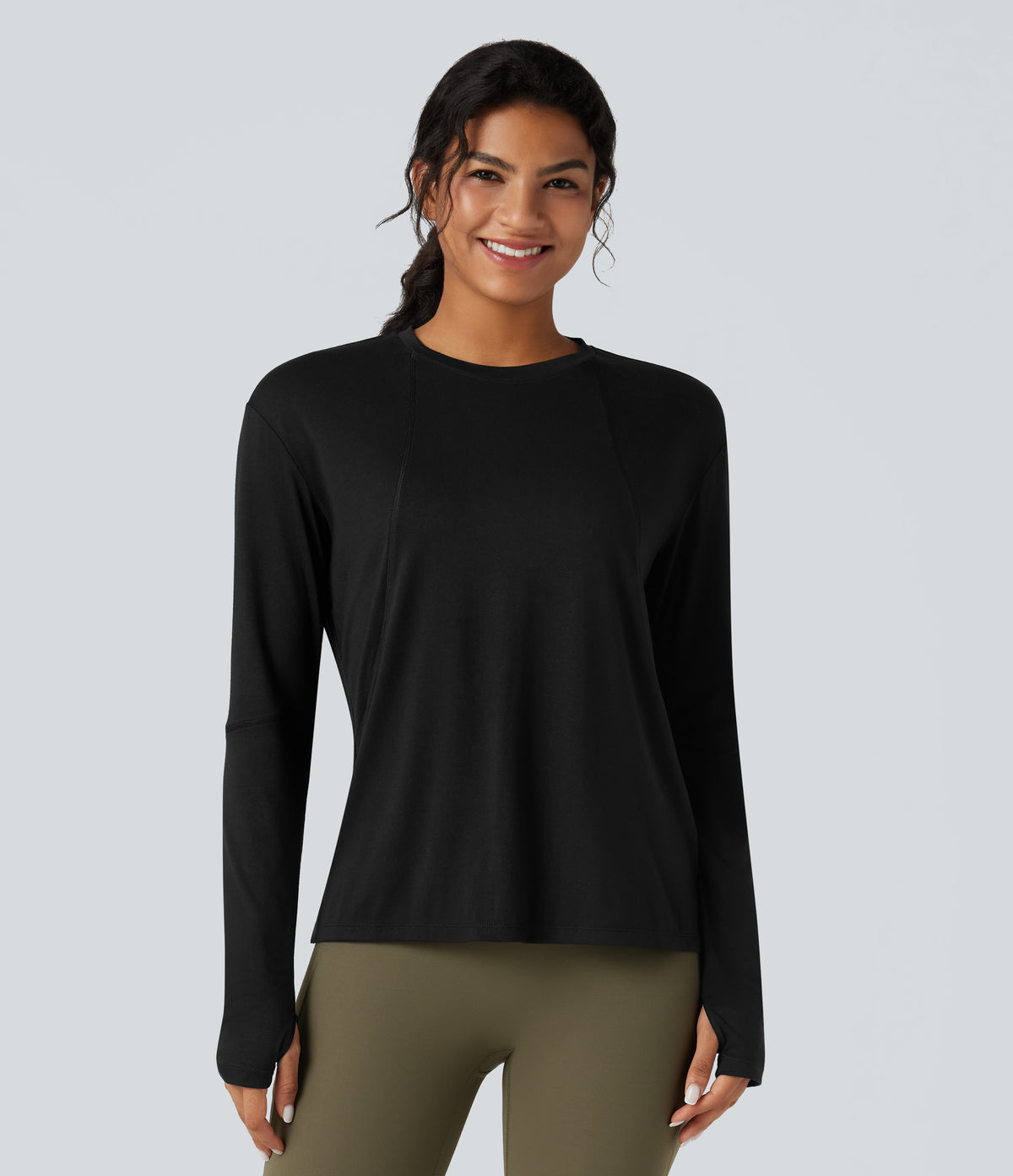 Round Neck Long Sleeve Thumb Holes Running Heathered Sports Top — Black — view 1