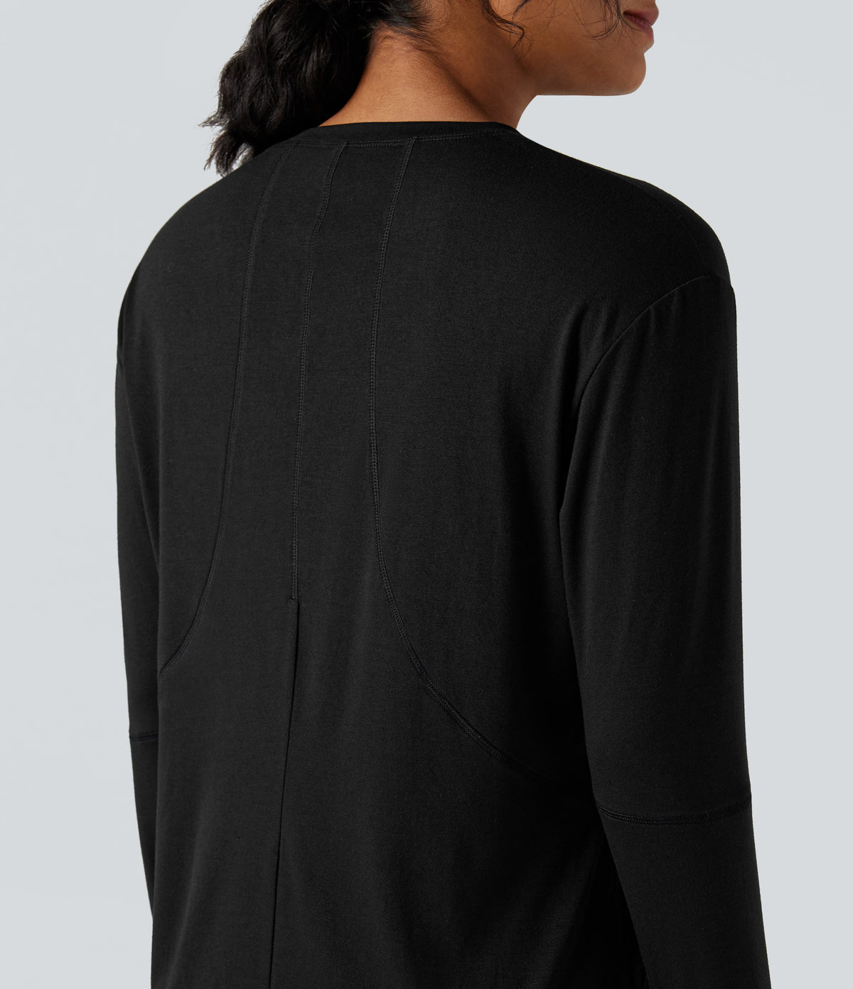 Round Neck Long Sleeve Thumb Holes Running Heathered Sports Top — Black — view 4