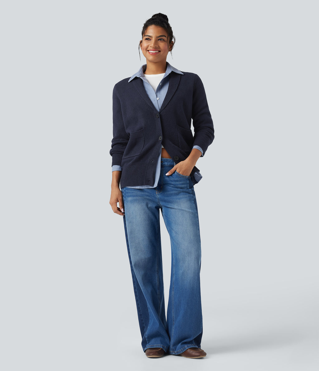 Lapel Long Sleeve Casual Cardigan with Pockets — Navy — view 6