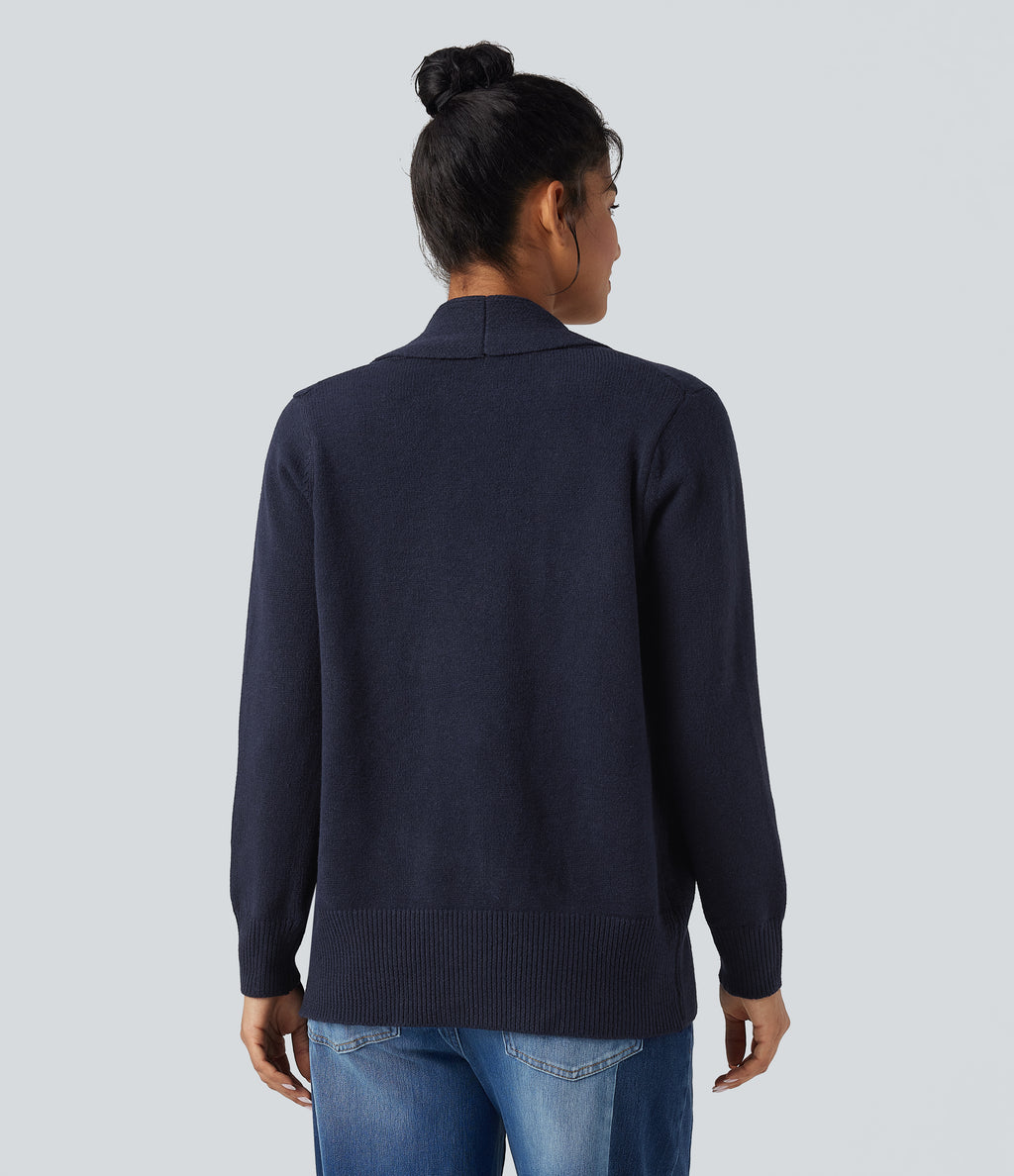 Lapel Long Sleeve Casual Cardigan with Pockets — Navy — view 2