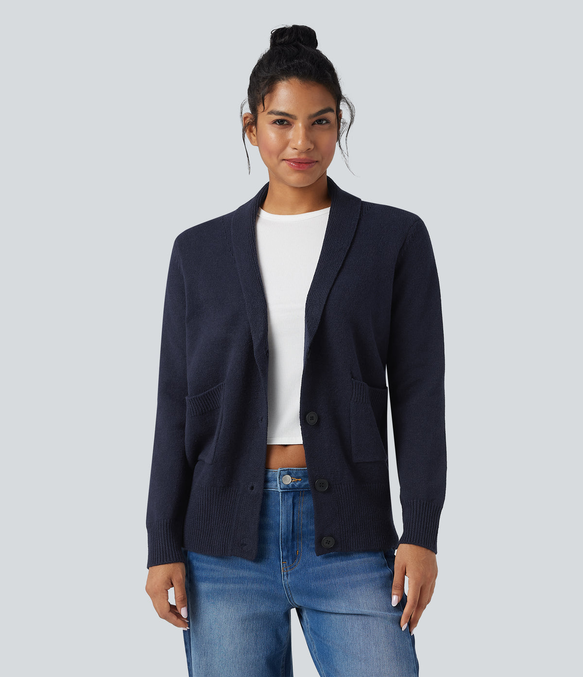 Lapel Long Sleeve Casual Cardigan with Pockets — Navy — view 3