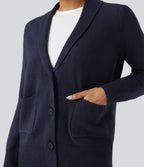 Lapel Long Sleeve Casual Cardigan with Pockets — Navy — view 1