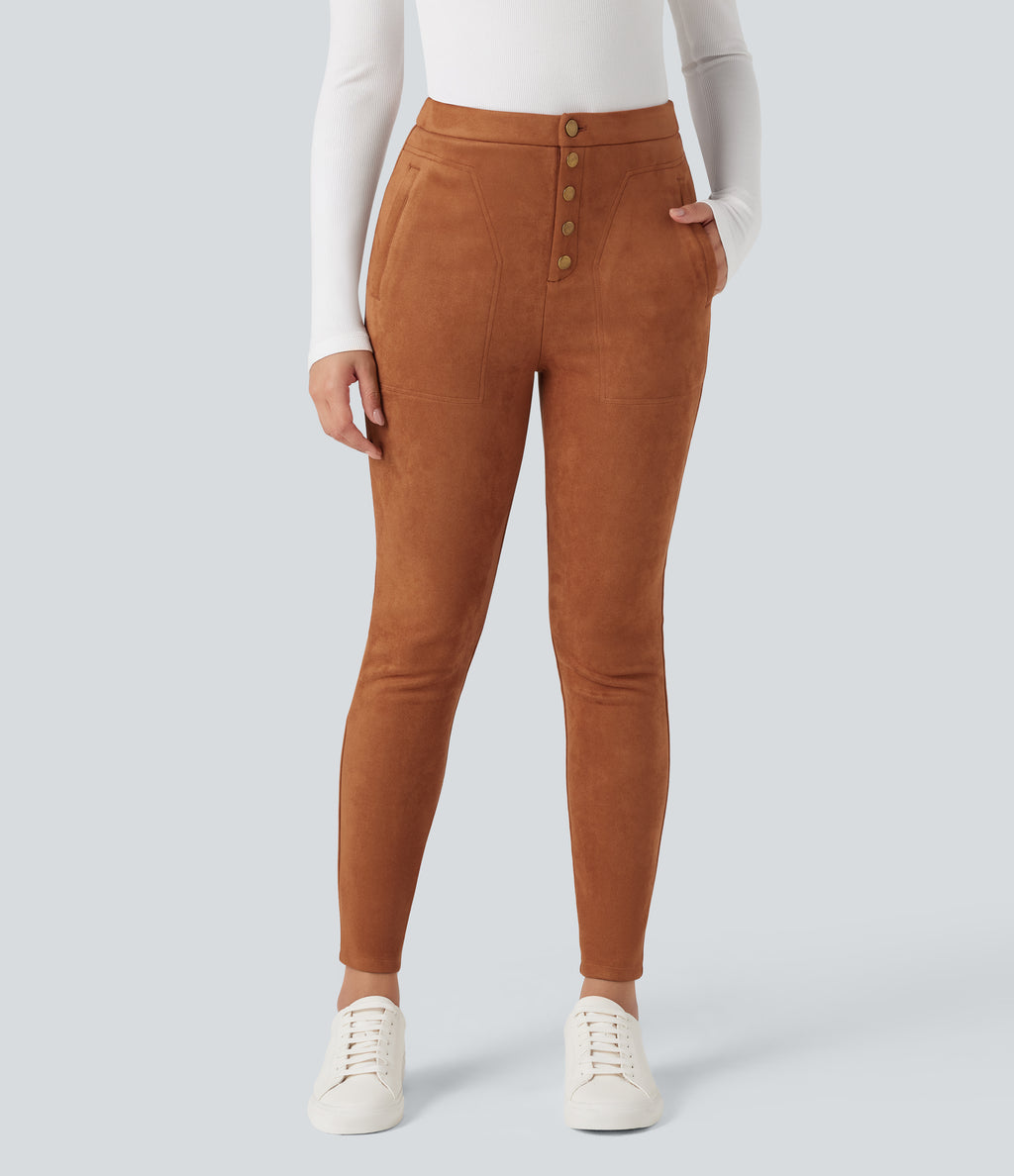 High Waisted Suede Casual Leggings with Pockets — Autumnal — view 6