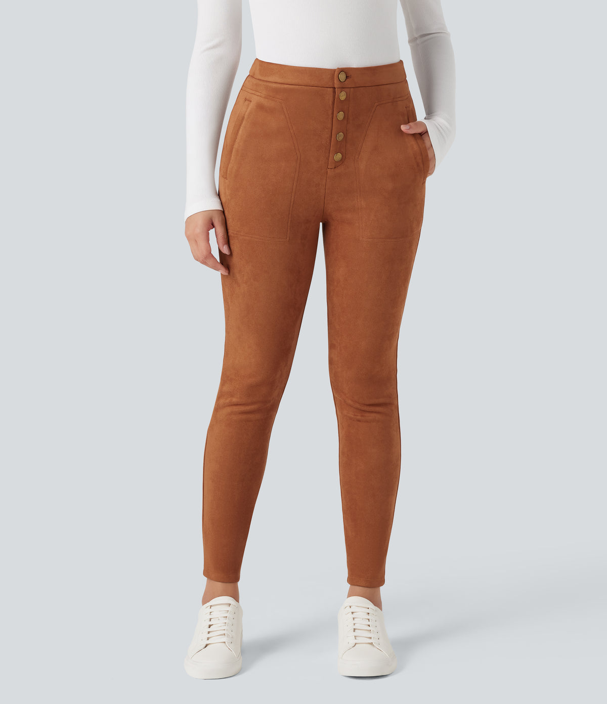 High Waisted Suede Casual Leggings with Pockets — Autumnal — view 6