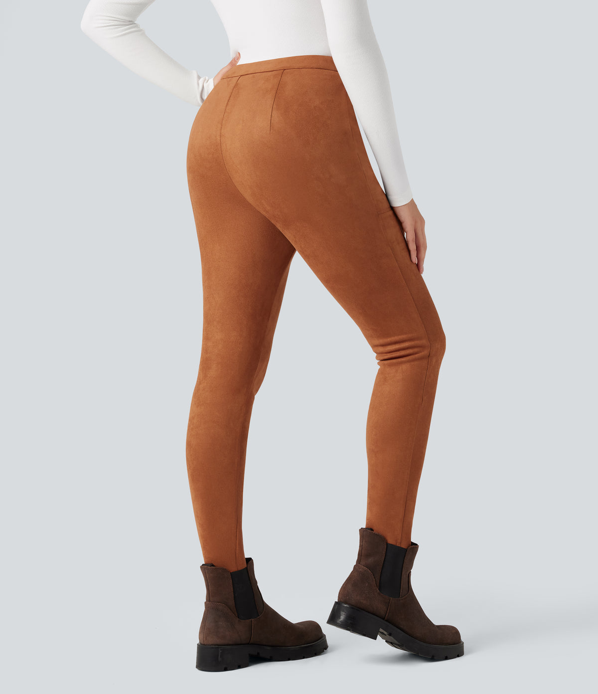 High Waisted Suede Casual Leggings with Pockets — Autumnal — view 2