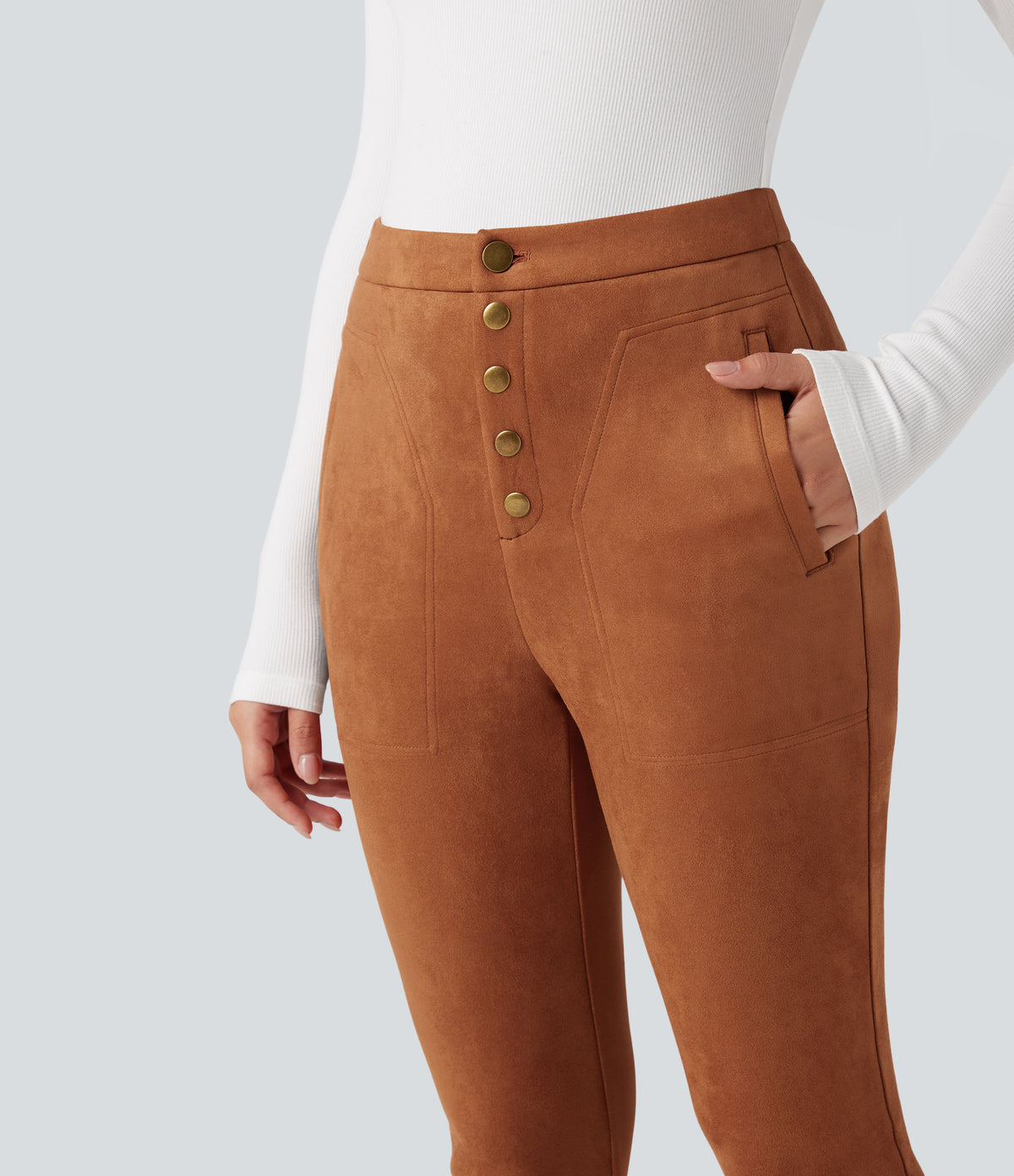 High Waisted Suede Casual Leggings with Pockets — Autumnal — view 4
