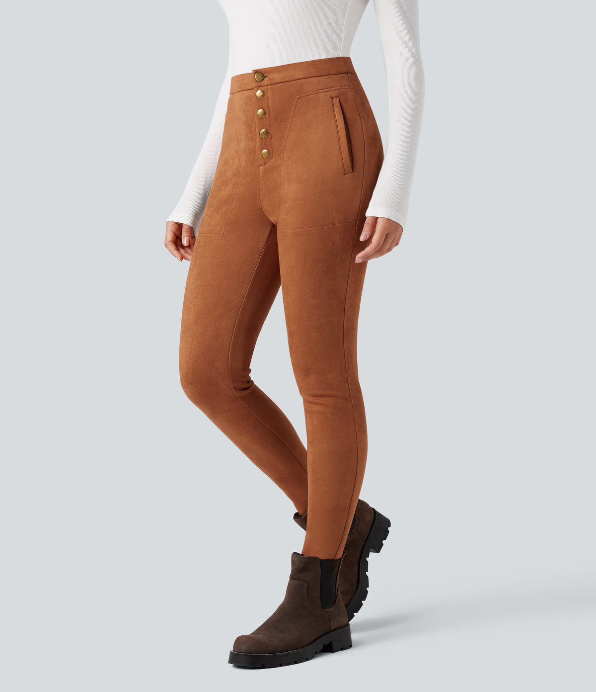 High Waisted Suede Casual Leggings with Pockets — Autumnal — view 1