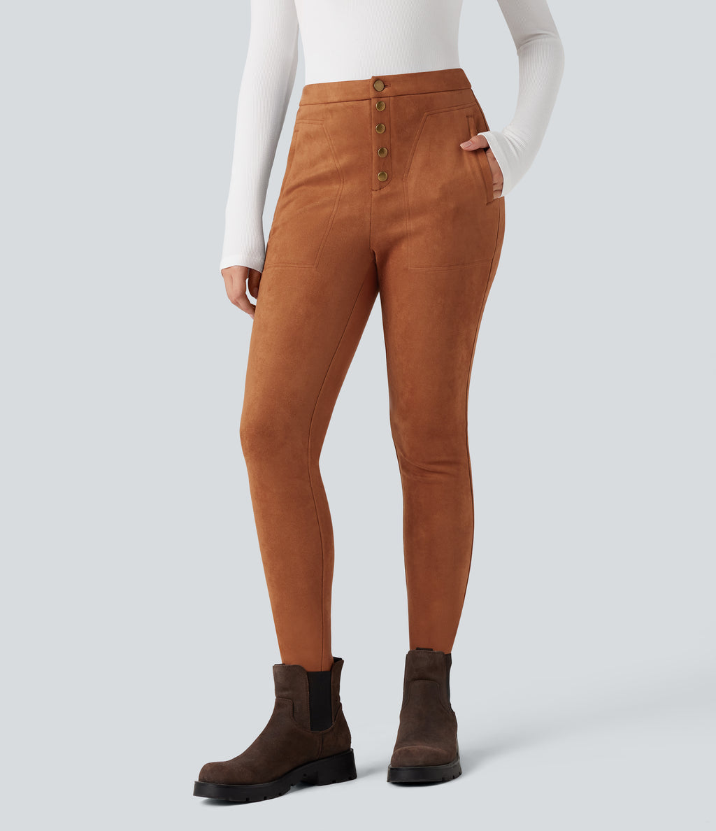 High Waisted Suede Casual Leggings with Pockets — Autumnal — view 3
