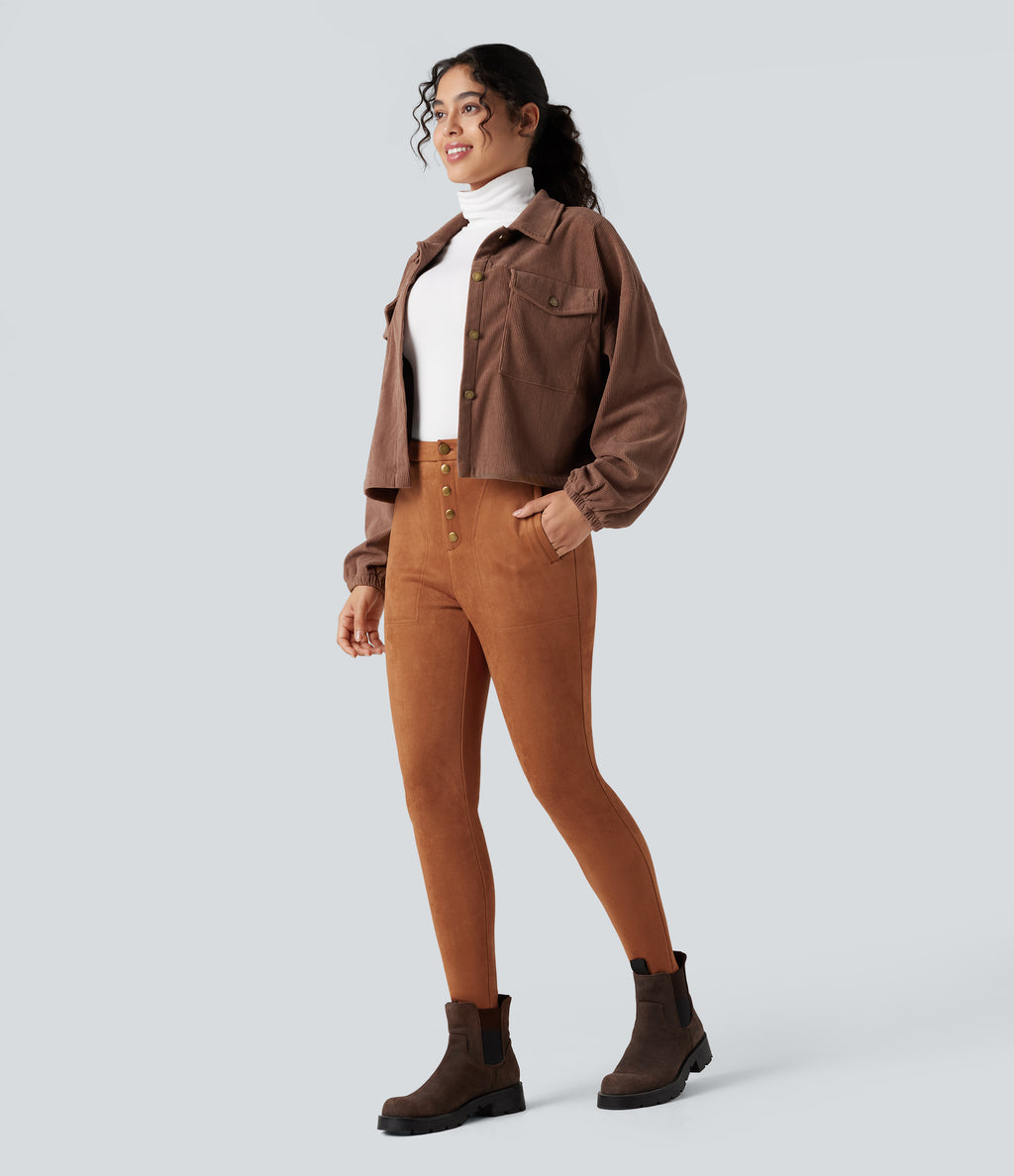 High Waisted Suede Casual Leggings with Pockets — Autumnal — view 7