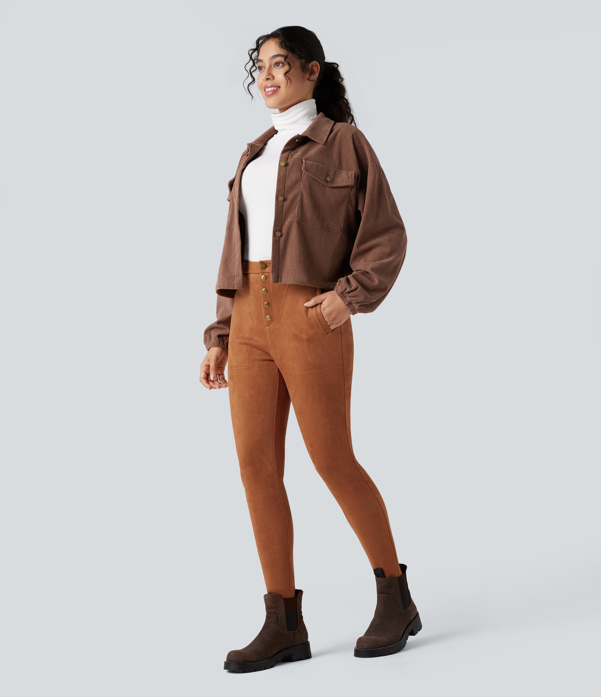 High Waisted Suede Casual Leggings with Pockets — Autumnal — view 7
