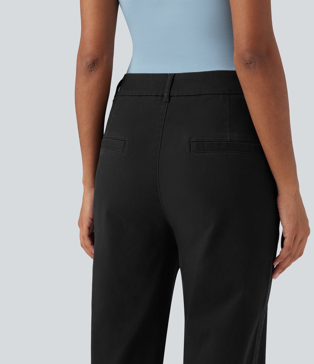 Mid Rise Tapered Casual Chino Cotton Trousers with Pockets — Black — view 6