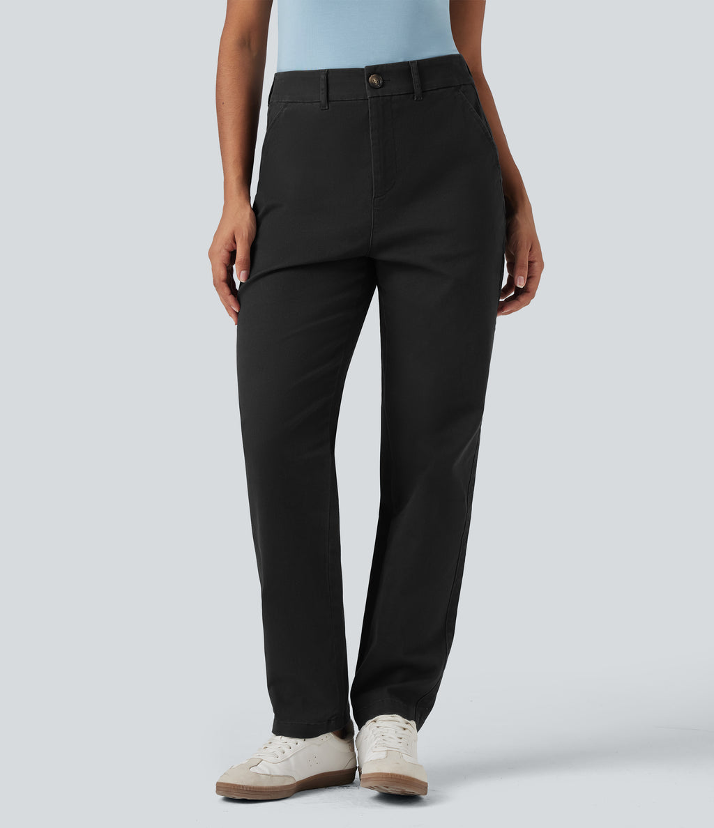 Mid Rise Tapered Casual Chino Cotton Trousers with Pockets — Black — view 2