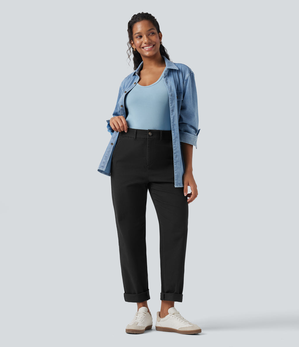 Mid Rise Tapered Casual Chino Cotton Trousers with Pockets — Black — view 8