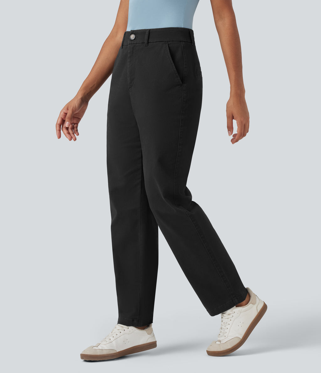 Mid Rise Tapered Casual Chino Cotton Trousers with Pockets — Black — view 4