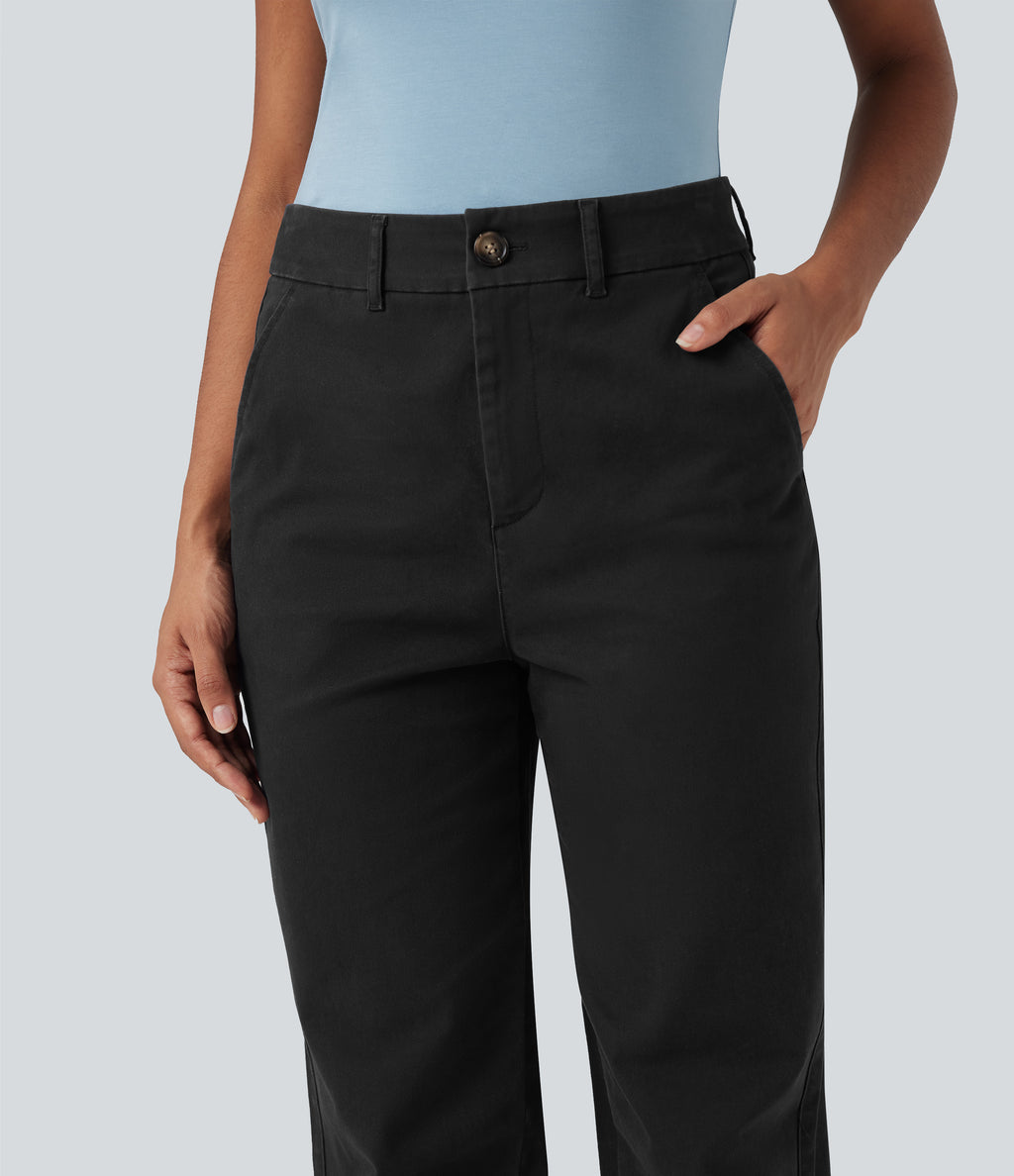 Mid Rise Tapered Casual Chino Cotton Trousers with Pockets — Black — view 5