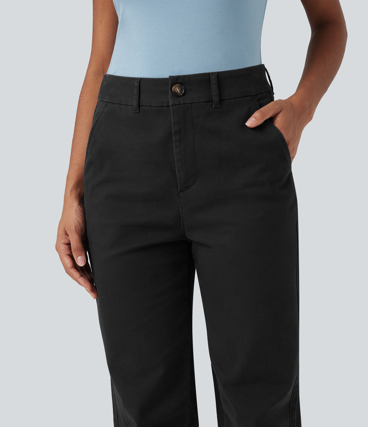 Mid Rise Tapered Casual Chino Cotton Trousers with Pockets — Black — view 5